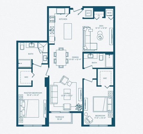 Floor plan for 2 beds, 2 baths, 1418 sqft